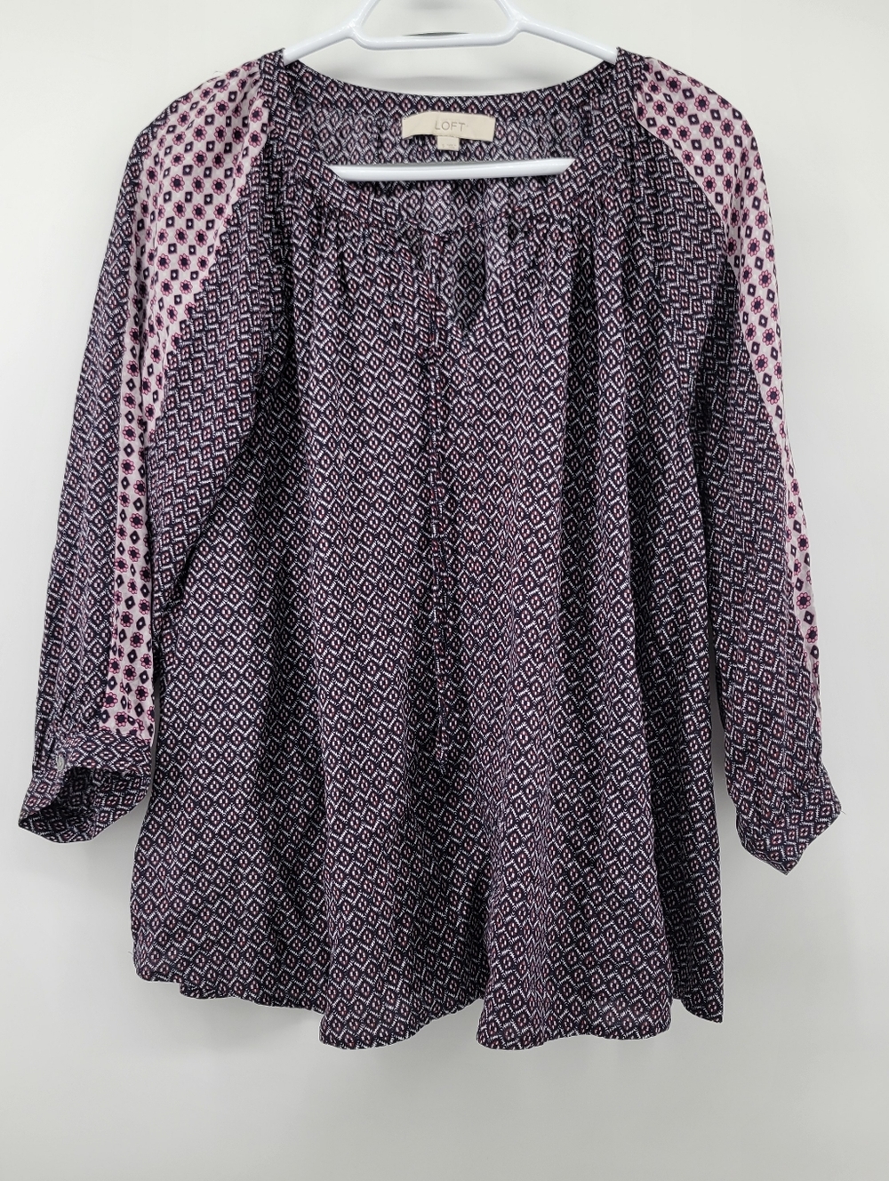 LOFT Pink and Purple Geometric Peasant Top